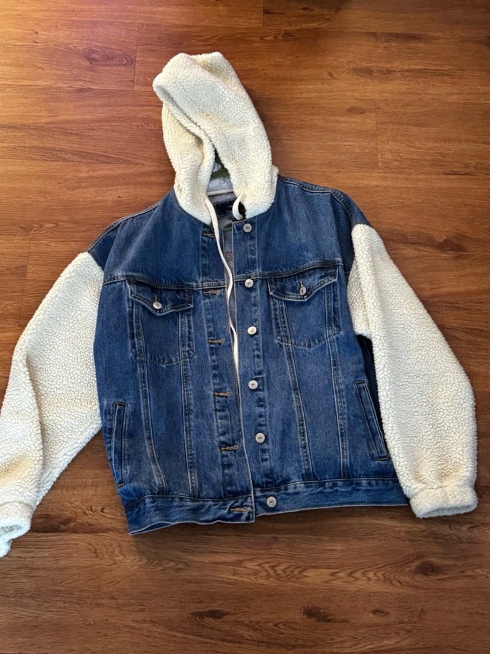 Forever 21 Blue Denim Jacket with Cream Sherpa Hood & Sleeves